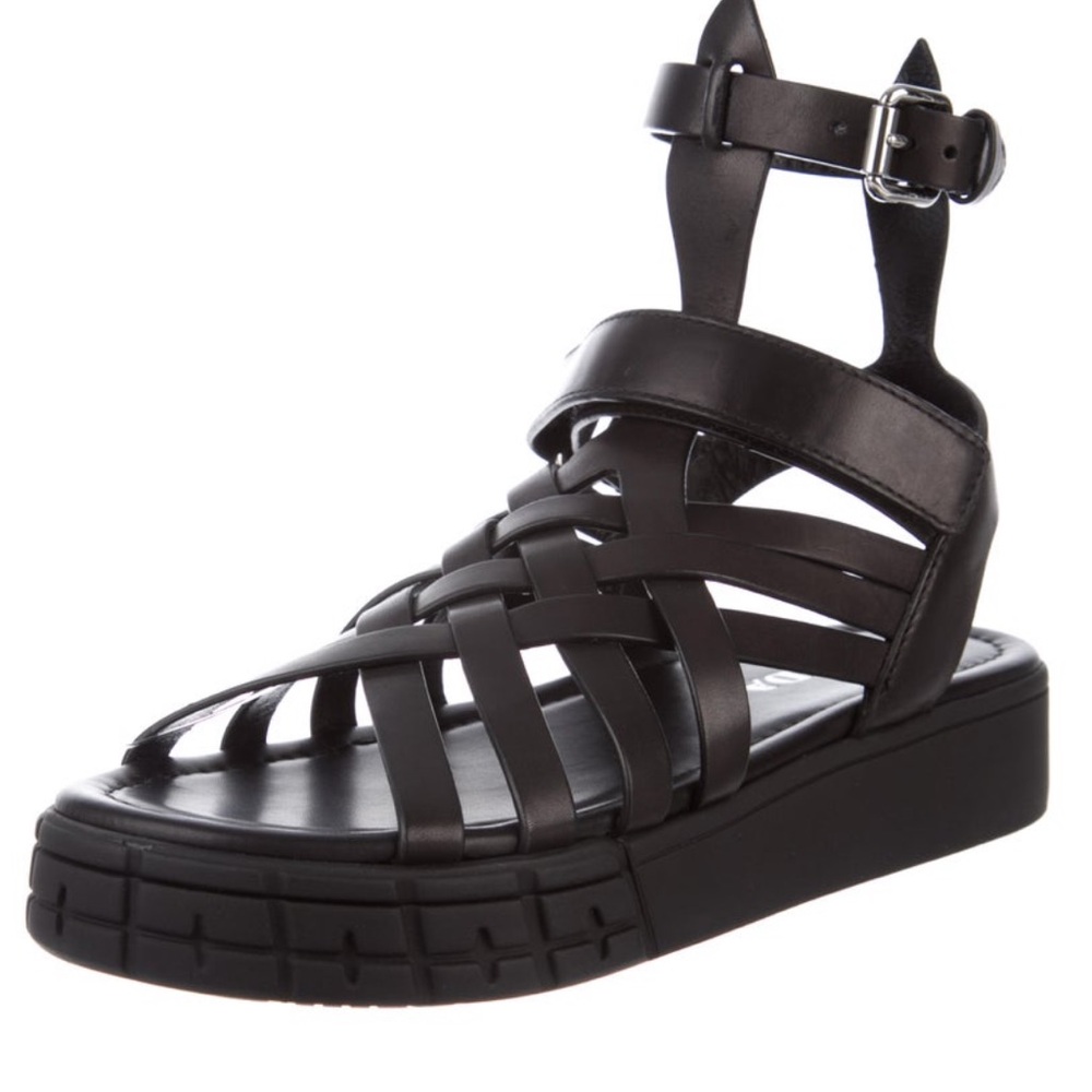 PRADA GLADIATOR BLACK LEATHER PLATFORM SANDALS 37